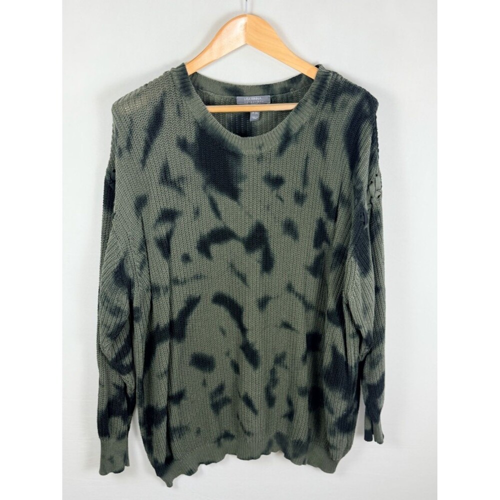 Lisa Rinna 2X Tie Dye Sweater Green Black Lace Up Sleeve Knit Cozy Goblincore